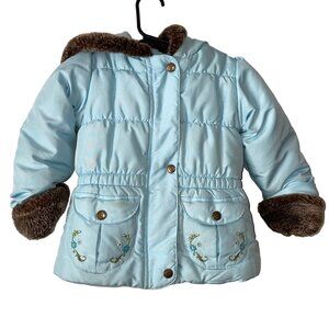 London Fog Baby Girls' Blue Winter Coat Faux Fur Embroidered Pockets Size 18M